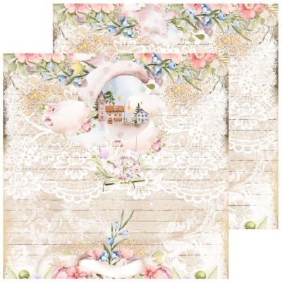 Papel de carta decorativo com flores, renda branca e vila ilustrada