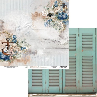 Papel decorativo com flores azuis e brancas, âncora marrom e fundo de madeira branca; papel com portas persianas azul esverdeado envelhecidas.