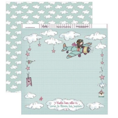 Papel decorativo com avião e nuvens, texto em espanhol sobre fundo azul quadriculado