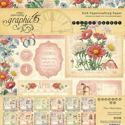 Papel de scrapbooking 8x8 com estampas florais e elementos vintage em tons creme e coloridos