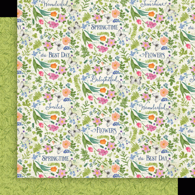 Papel de embrulho floral com texto em inglês e fundo branco e verde.