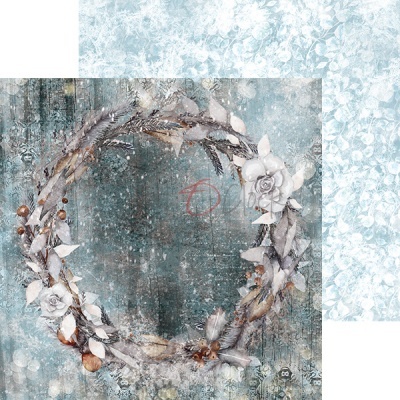 Papel decorativo duplo-face com coroa de flores e padrão floral em tons azuis e bege