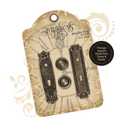 Conjunto vintage de placas e botões metálicos para porta em embalagem bege decorada