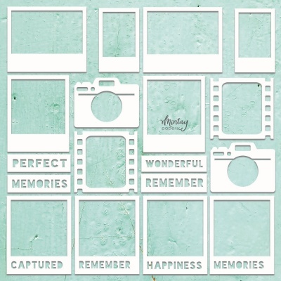 Conjunto de molduras brancas com palavras e formatos de câmaras sobre fundo azul claro texturizado