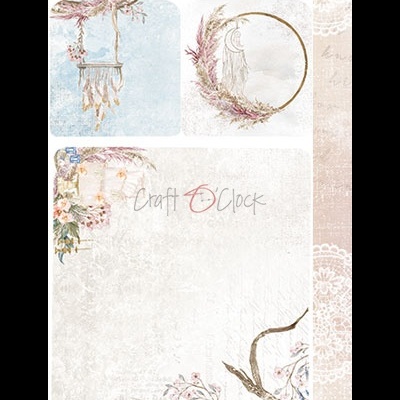 Papel decorativo com padrões de flores, penas e texto Craft O Clock