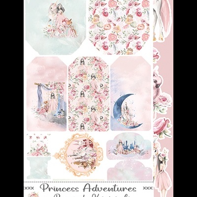 Autocolantes Scrapbooking Princess Adventures com ilustrações de princesas e flores em tons pastel