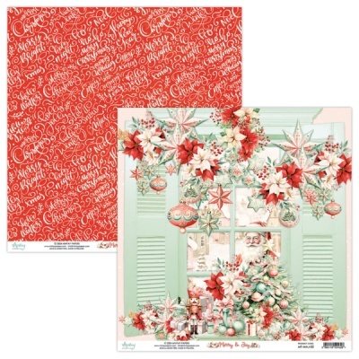 Papel de scrapbooking com tema natalício, janela decorada e padrão de texto repetido em vermelho e branco