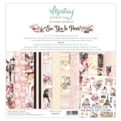 Papel para scrapbooking Mintay Papers See You in Paris com padrões de Paris e elementos vintage
