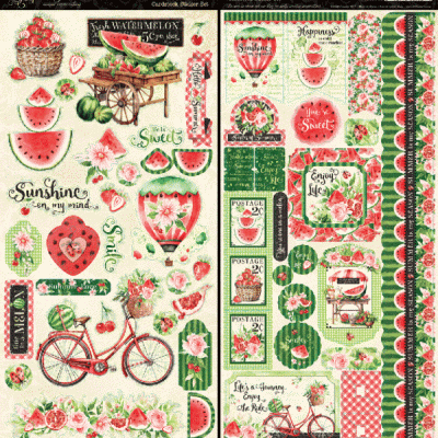 Folhas decorativas para scrapbook com padrão de melancia, flores e bicicleta vermelha