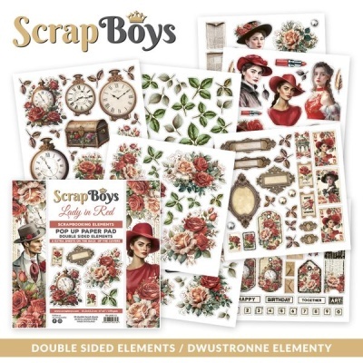 Conjunto de elementos de scrapbooking ScrapBoys Lady in Red com motivos vintage em tons de vermelho, rosa e verde.