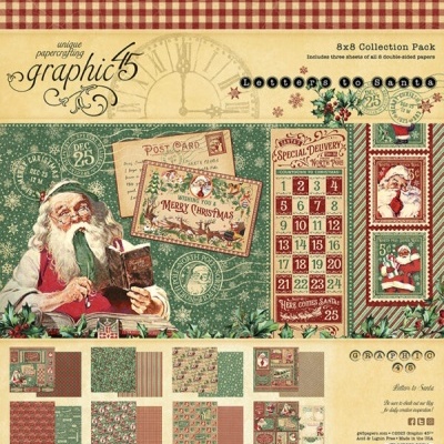 Pack de papéis decorativos de Natal 8x8 Graphic 45 com Pai Natal e padrões vintage