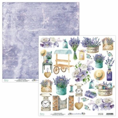 Folhas decorativas para scrapbooking com padrão texturizado azul-púrpura e ilustrações de lavanda e elementos associados.