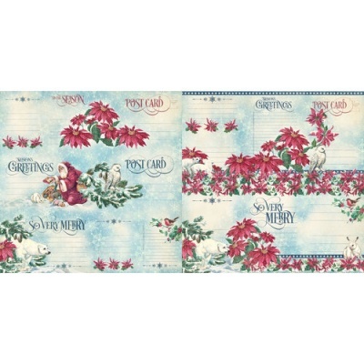 Papel decorativo natalício com flores vermelhas, ursos polares e texto em inglês