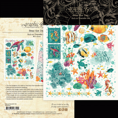 Decalques de peixes e corais coloridos em fundo branco com texto 'SEAS the DAY'.