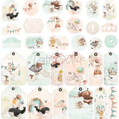 Etiquetas e autocolantes decorativos infantis coloridos com animais, balões e nuvens