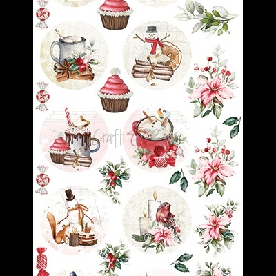 Elementos decorativos de Natal com cupcakes, bonecos de neve, velas e flores