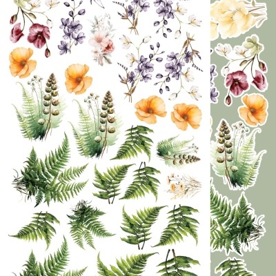 Folhas verdes e flores coloridas em padrão aquarelado decorativo