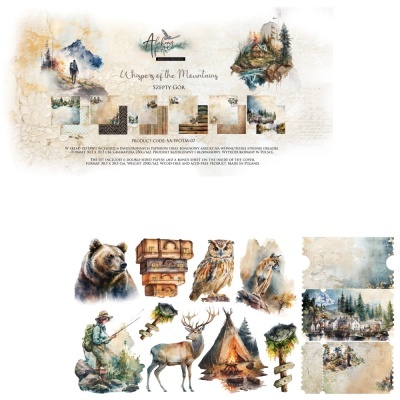 Arte com ilustrações naturais e montanhosas diversas incluindo animais e paisagens