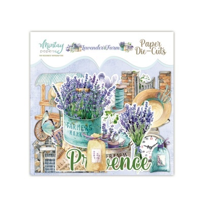Conjunto de recortes em papel com tema de lavanda e elementos de jardim em tons pastel