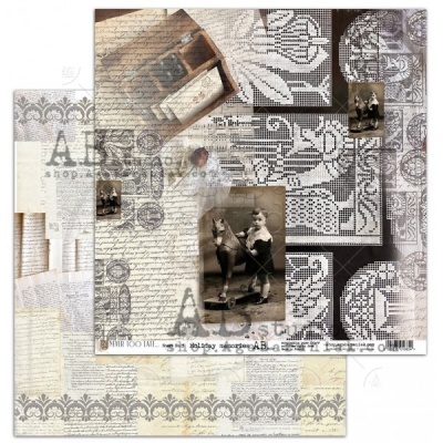 Papel decorativo vintage para scrapbook com imagens a preto e branco e texto manuscrito