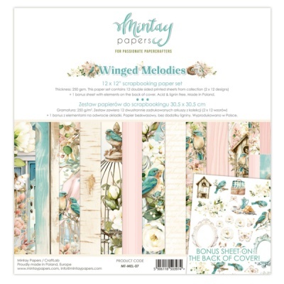 Papel para scrapbooking Mintay Papers Winged Melodies com padrões florais e pássaros em tons pastel