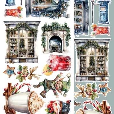 Conjunto de ilustrações de Natal com janela, lareira, biblioteca, guloseimas e duende para recorte.