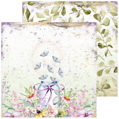 Papel decorativo com jarro, borboletas, flores e folhas verdes