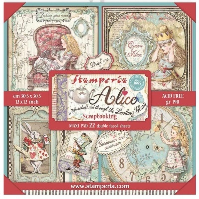 Bloco de papel scrapbooking Stamperia Alice com ilustrações vintage e texto decorativo