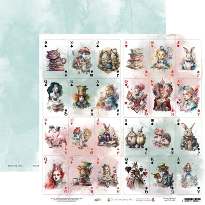 Folhas decorativas com desenhos de cartas de baralho temáticas da Alice no País das Maravilhas