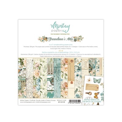Papel de scrapbook com designs florais e vintage em tons verdes, azuis e bege