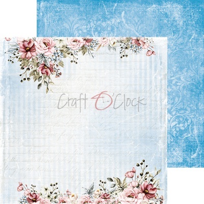 Folha decorativa para scrapbooking com flores rosas nas bordas e fundo azul ornamental