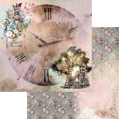 Relógio antigo com ilustrações de flores, coelho e menina sob árvore em fundo floral desgastado