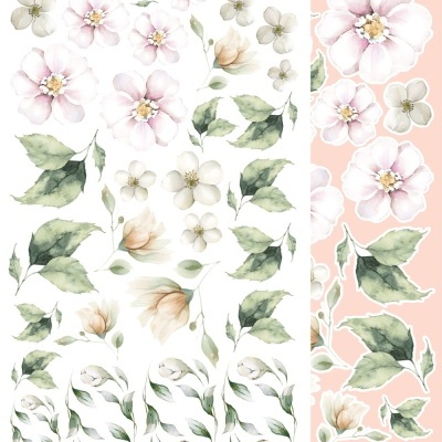 Autocolantes florais em tons suaves de rosa, branco e verde com folhas e flores em fundo branco e rosa