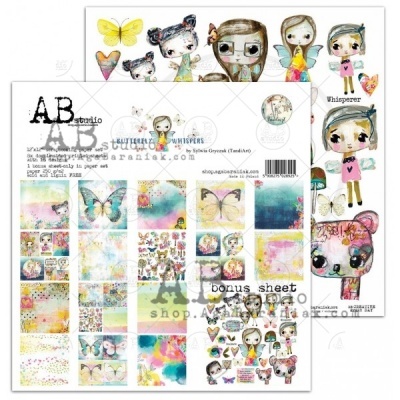 Folhas decorativas com ilustrações de borboletas, corações e personagens femininos coloridos