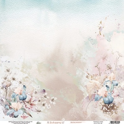 Papel decorativo floral em tons pastel com textura aquarela e texto na base