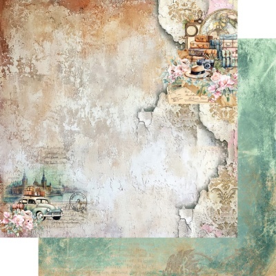 Papel decorativo vintage com carro antigo, malas, flores e mapas em textura de parede envelhecida