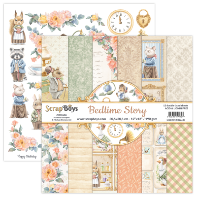 Folhas de scrapbooking com ilustrações vintage e texto 'Bedtime Story'
