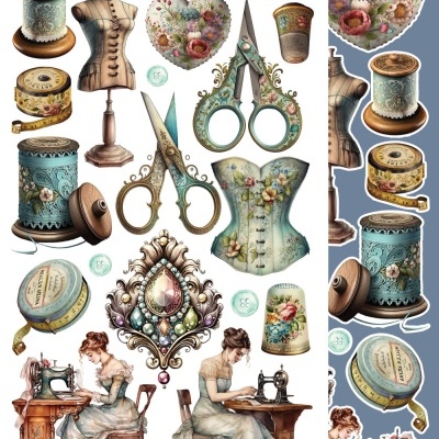 Itens vintage de costura incluindo corações de tecido, carretéis, tesouras, manequins, dedais, máquinas de costura antigas e mulher costurando