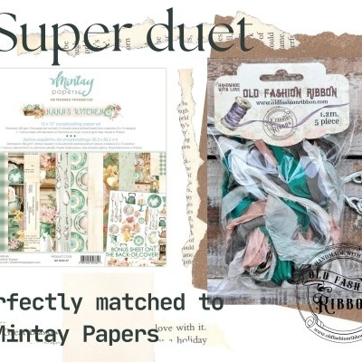 Conjunto de papéis decorativos Mintay Papers e cinco fitas Old Fashion Ribbon em tons pastel e rústicos.