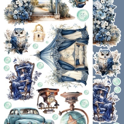 Elementos decorativos vintage em tons de azul com flores, objetos antigos e natureza