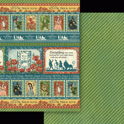 Papel decorativo com personagens e frases do Mágico de Oz em cores pastel