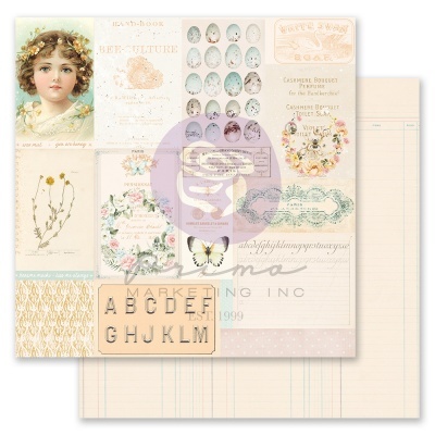 Papel decorativo vintage com elementos variados como criança, flores, ovos, texto e padrões pastel