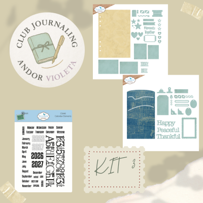 Elementos de journaling com carimbo e folhas decorativas em azul e bege