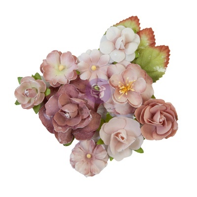 Conjunto de flores decorativas artificiais em tons pastel com folhas verdes e vermelhas