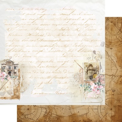Papel decorativo vintage com mapa, texto manuscrito e flores rosas