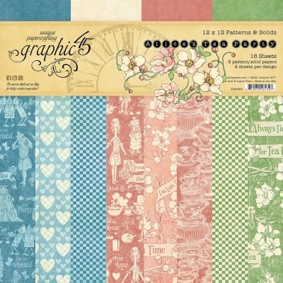 Papel de scrapbook Graphic 45 Alice's Tea Party com vários padrões e cores