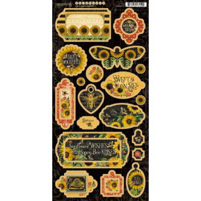 Autocolantes com motivos de abelhas e girassóis, textos em inglês, várias formas e cores amarelo, preto e verde.