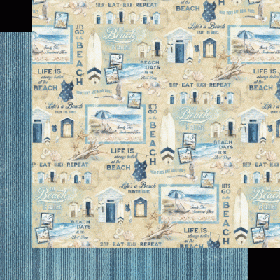 tecido padrão praia com imagens e texto em azul, bege e branco