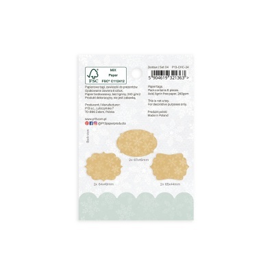 Pacote de papel decorativo MEX com 6 peças em papel kraft bege, certificado FSC, com texto sobre dimensões e fabricante