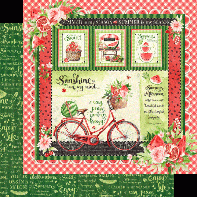 Pano decorativo com bicicleta vermelha, flores, melancias e textos em inglês sobre o verão